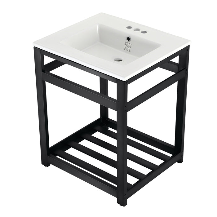 Kingston Sona VWP2522W4A0 - Quadras 25-Inch Ceramic Console Sink with Steel Base and Shelf (4-Inch, 3-Hole), White/Matte Black