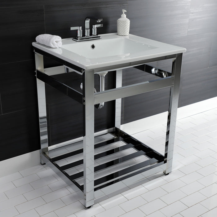 Kingston Sona VWP2522W4A1 - Quadras 25-Inch Ceramic Console Sink with Steel Base and Shelf (4-Inch, 3-Hole), White/Chrome