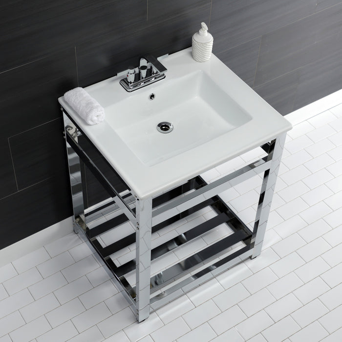 Kingston Sona VWP2522W4A1 - Quadras 25-Inch Ceramic Console Sink with Steel Base and Shelf (4-Inch, 3-Hole), White/Chrome
