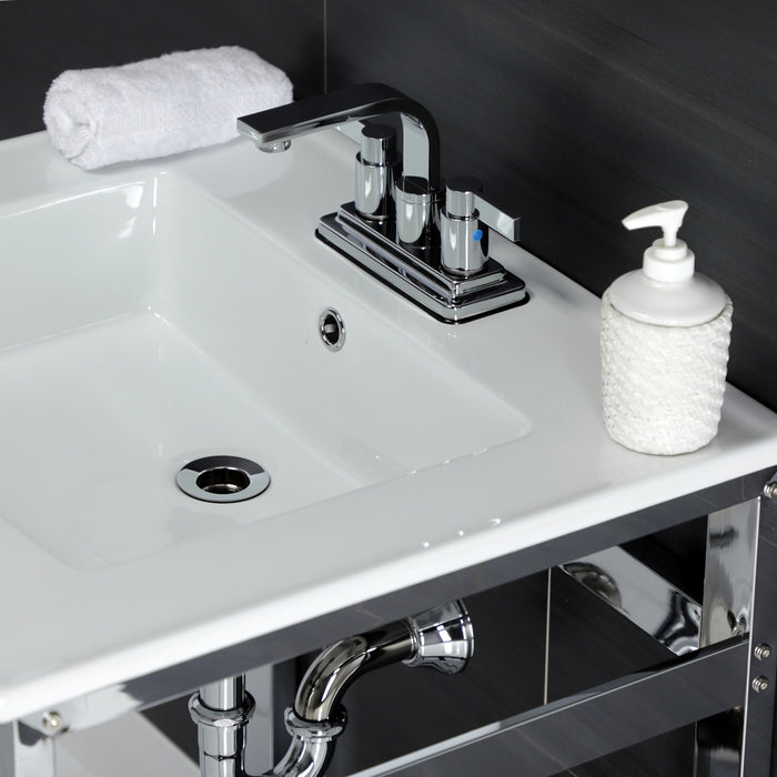 Kingston Sona VWP2522W4A1 - Quadras 25-Inch Ceramic Console Sink with Steel Base and Shelf (4-Inch, 3-Hole), White/Chrome