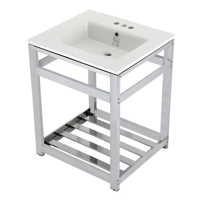 Kingston Sona VWP2522W4A1 - Quadras 25-Inch Ceramic Console Sink with Steel Base and Shelf (4-Inch, 3-Hole), White/Chrome