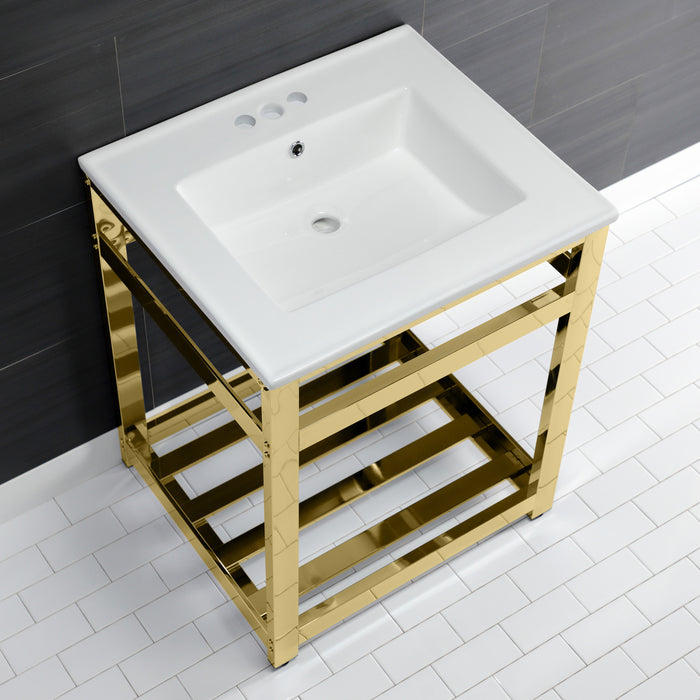 Kingston Sona VWP2522W4A2 - Quadras 25-Inch Ceramic Console Sink with Steel Base and Shelf (4-Inch, 3-Hole), White/Polished Brass