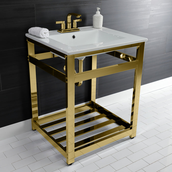 Kingston Sona VWP2522W4A2 - Quadras 25-Inch Ceramic Console Sink with Steel Base and Shelf (4-Inch, 3-Hole), White/Polished Brass