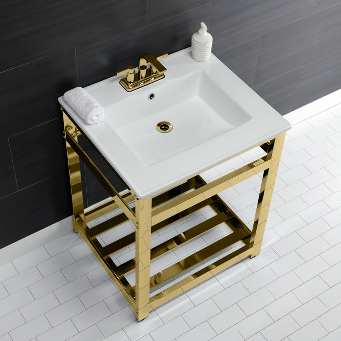 Kingston Sona VWP2522W4A2 - Quadras 25-Inch Ceramic Console Sink with Steel Base and Shelf (4-Inch, 3-Hole), White/Polished Brass