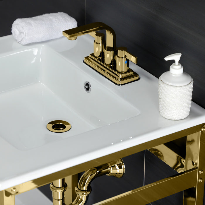 Kingston Sona VWP2522W4A2 - Quadras 25-Inch Ceramic Console Sink with Steel Base and Shelf (4-Inch, 3-Hole), White/Polished Brass