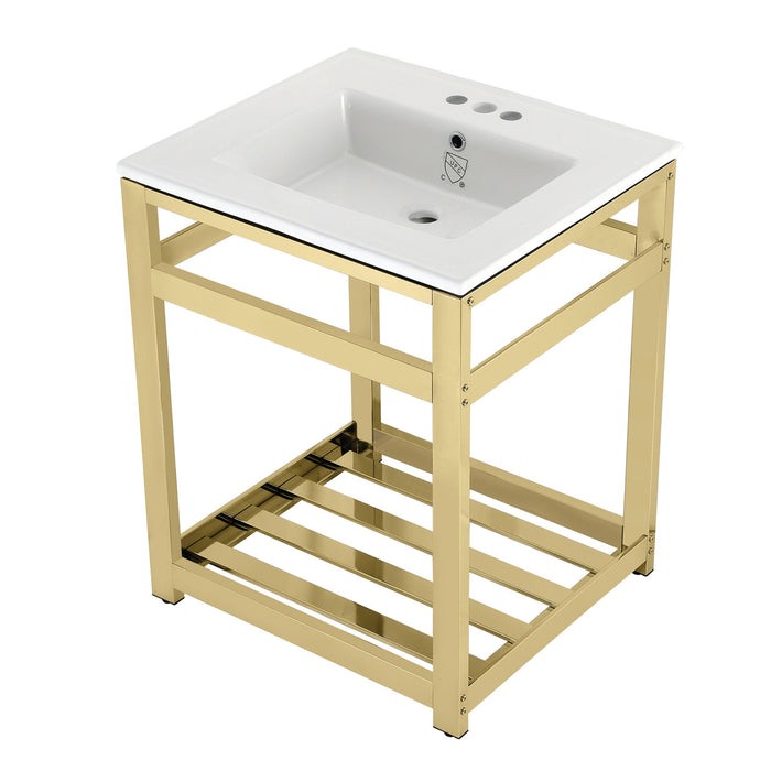 Kingston Sona VWP2522W4A2 - Quadras 25-Inch Ceramic Console Sink with Steel Base and Shelf (4-Inch, 3-Hole), White/Polished Brass