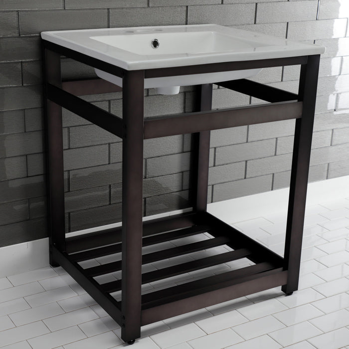 Kingston Sona VWP2522W4A5 - Quadras 25-Inch Ceramic Console Sink with Steel Base and Shelf (4-Inch, 3-Hole), White/Oil Rubbed Bronze