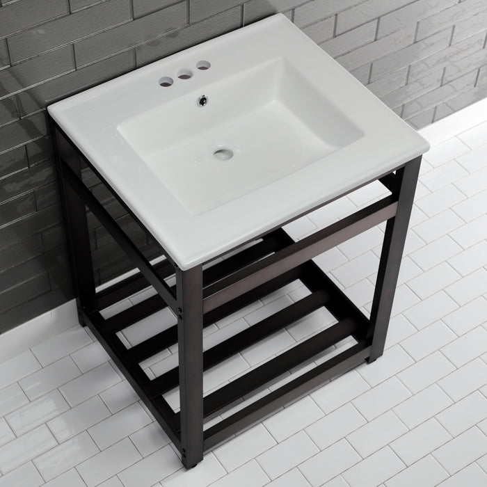 Kingston Sona VWP2522W4A5 - Quadras 25-Inch Ceramic Console Sink with Steel Base and Shelf (4-Inch, 3-Hole), White/Oil Rubbed Bronze
