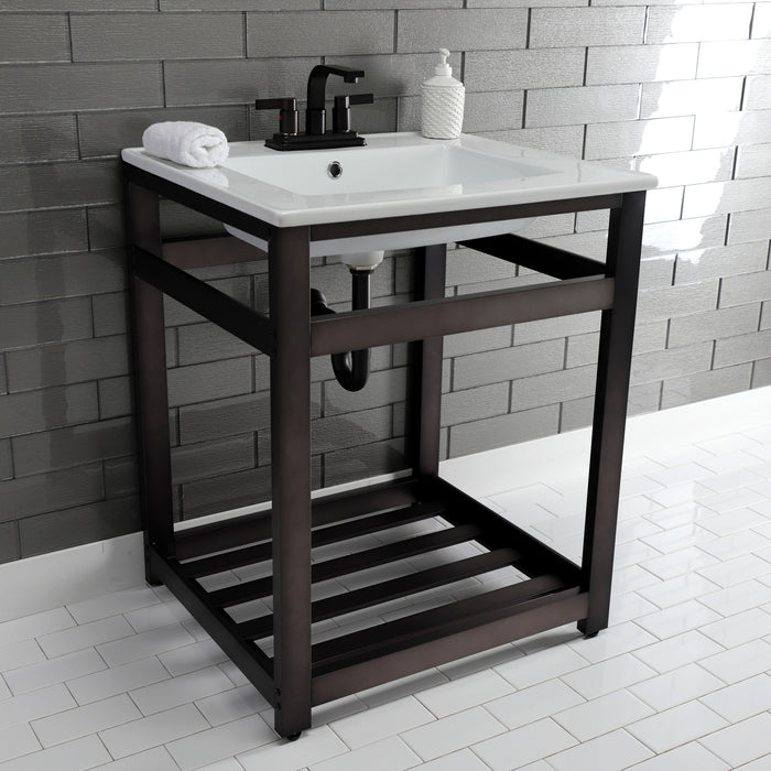 Kingston Sona VWP2522W4A5 - Quadras 25-Inch Ceramic Console Sink with Steel Base and Shelf (4-Inch, 3-Hole), White/Oil Rubbed Bronze
