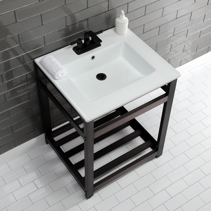 Kingston Sona VWP2522W4A5 - Quadras 25-Inch Ceramic Console Sink with Steel Base and Shelf (4-Inch, 3-Hole), White/Oil Rubbed Bronze