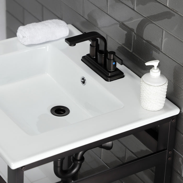 Kingston Sona VWP2522W4A5 - Quadras 25-Inch Ceramic Console Sink with Steel Base and Shelf (4-Inch, 3-Hole), White/Oil Rubbed Bronze
