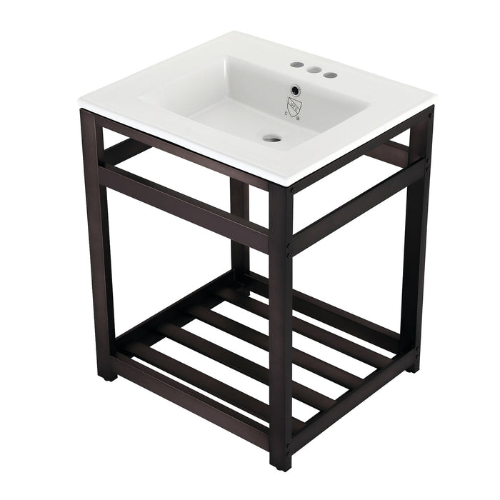 Kingston Sona VWP2522W4A5 - Quadras 25-Inch Ceramic Console Sink with Steel Base and Shelf (4-Inch, 3-Hole), White/Oil Rubbed Bronze