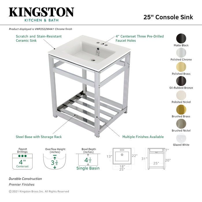 Kingston Sona VWP2522W4A6 - Quadras 25-Inch Ceramic Console Sink with Steel Base and Shelf (4-Inch, 3-Hole), White/Polished Nickel