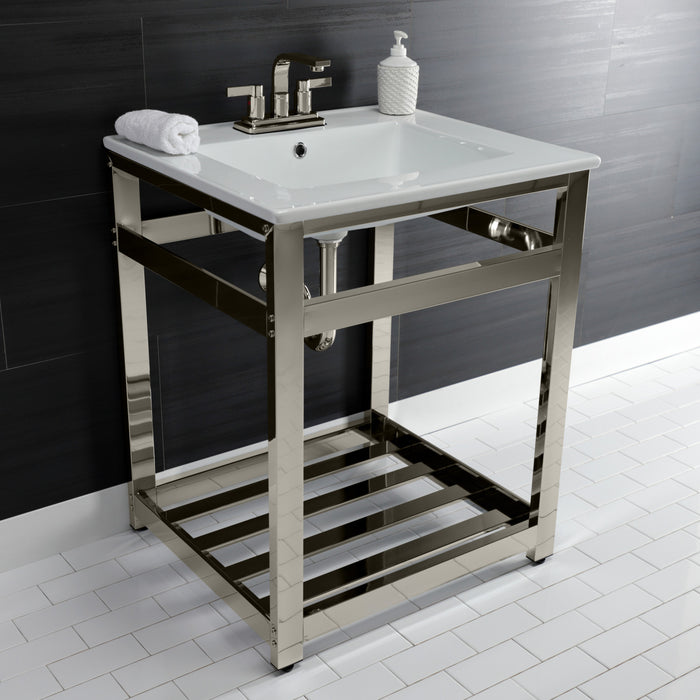 Kingston Sona VWP2522W4A6 - Quadras 25-Inch Ceramic Console Sink with Steel Base and Shelf (4-Inch, 3-Hole), White/Polished Nickel