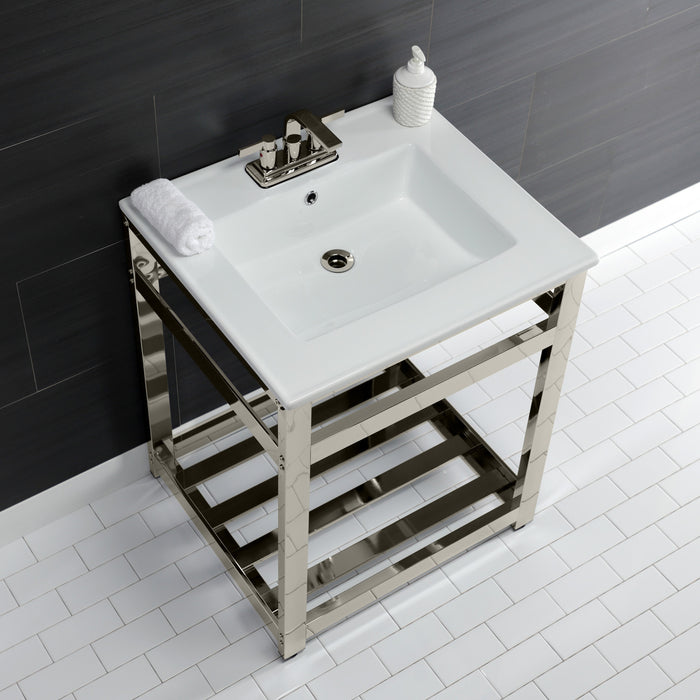 Kingston Sona VWP2522W4A6 - Quadras 25-Inch Ceramic Console Sink with Steel Base and Shelf (4-Inch, 3-Hole), White/Polished Nickel