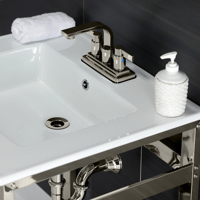 Kingston Sona VWP2522W4A6 - Quadras 25-Inch Ceramic Console Sink with Steel Base and Shelf (4-Inch, 3-Hole), White/Polished Nickel
