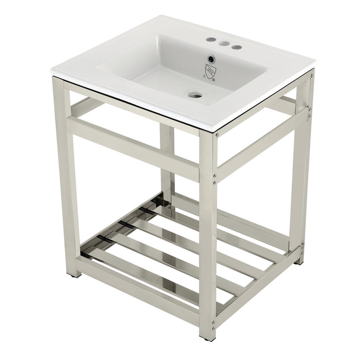 Kingston Sona VWP2522W4A6 - Quadras 25-Inch Ceramic Console Sink with Steel Base and Shelf (4-Inch, 3-Hole), White/Polished Nickel