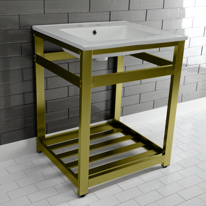 Kingston Sona VWP2522W4A7 - Quadras 25-Inch Ceramic Console Sink with Steel Base and Shelf (4-Inch, 3-Hole), White/Brushed Brass