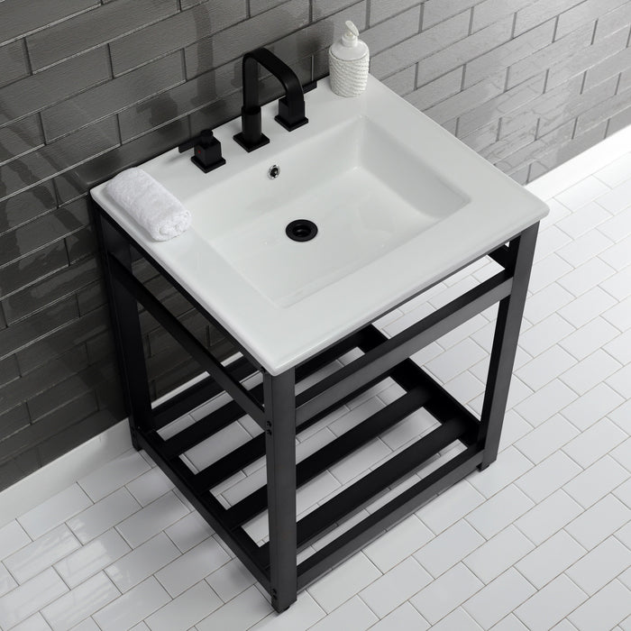 Kingston Sona VWP2522W8A0 - Quadras 25-Inch Ceramic Console Sink with Steel Base and Shelf (8-Inch, 3-Hole), White/Matte Black