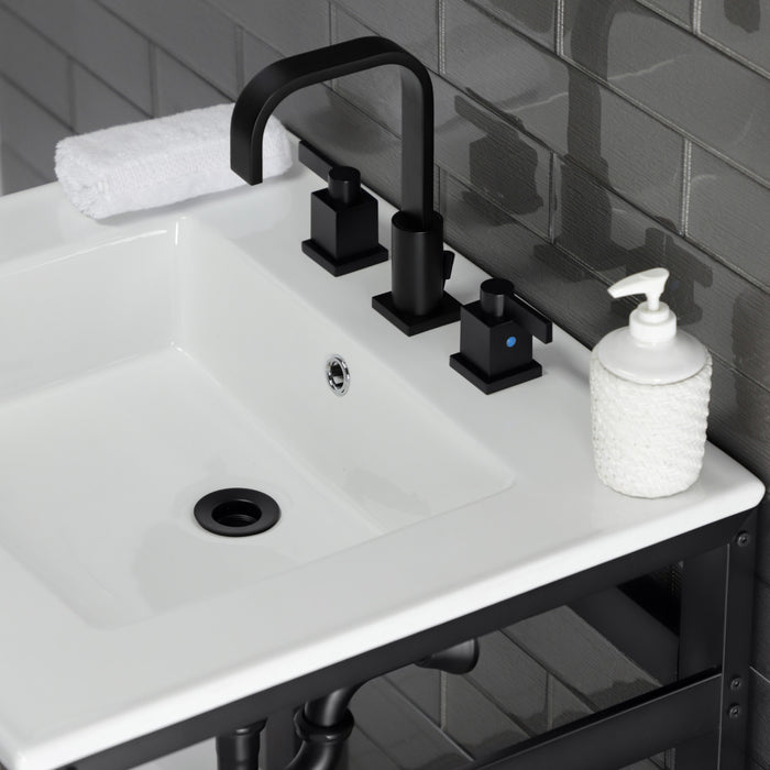 Kingston Sona VWP2522W8A0 - Quadras 25-Inch Ceramic Console Sink with Steel Base and Shelf (8-Inch, 3-Hole), White/Matte Black