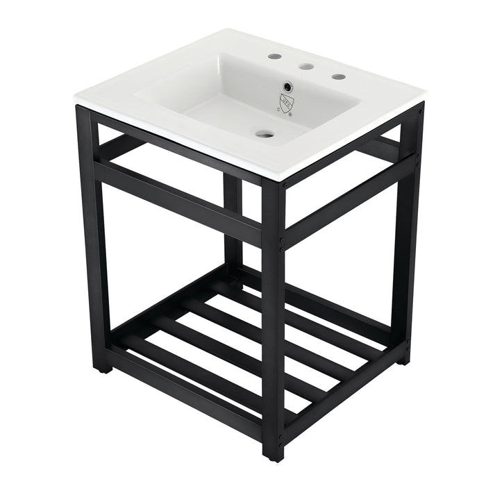 Kingston Sona VWP2522W8A0 - Quadras 25-Inch Ceramic Console Sink with Steel Base and Shelf (8-Inch, 3-Hole), White/Matte Black