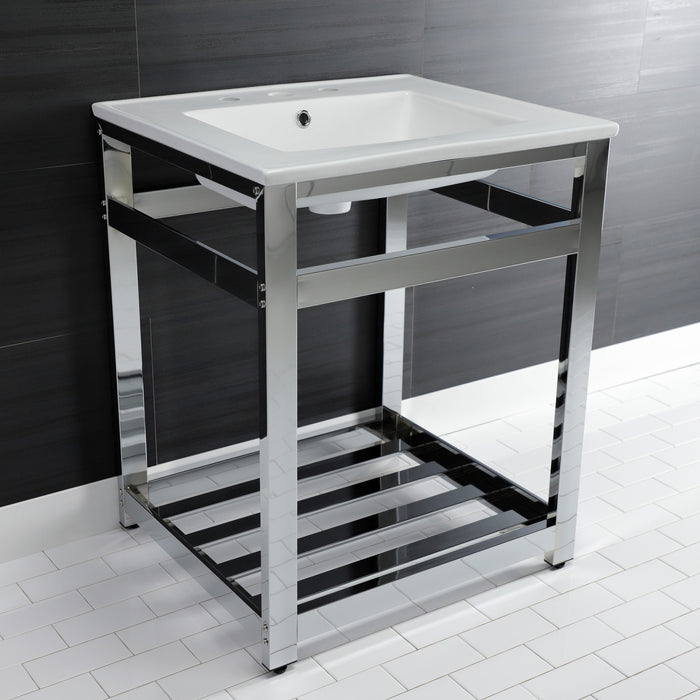 Kingston Sona VWP2522W8A1 - Quadras 25-Inch Ceramic Console Sink with Steel Base and Shelf (8-Inch, 3-Hole), White/Chrome