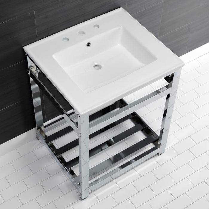 Kingston Sona VWP2522W8A1 - Quadras 25-Inch Ceramic Console Sink with Steel Base and Shelf (8-Inch, 3-Hole), White/Chrome