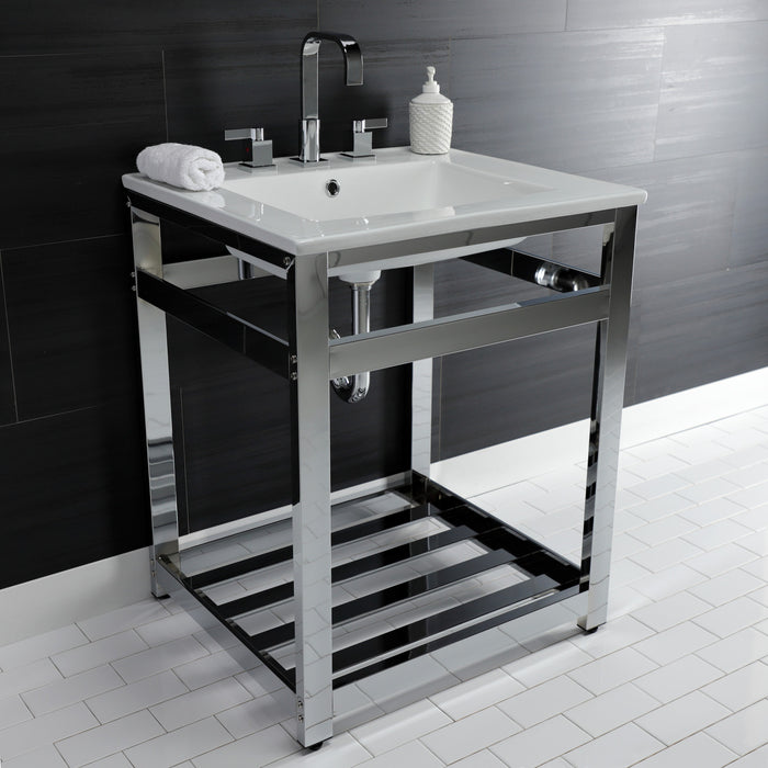 Kingston Sona VWP2522W8A1 - Quadras 25-Inch Ceramic Console Sink with Steel Base and Shelf (8-Inch, 3-Hole), White/Chrome