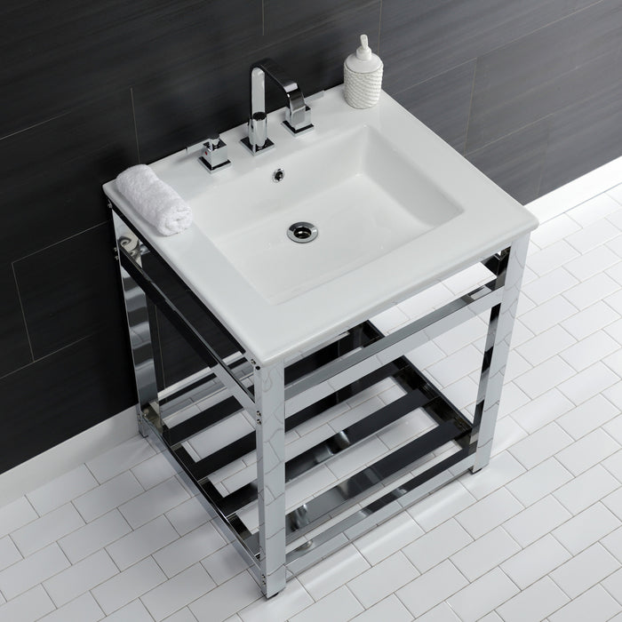 Kingston Sona VWP2522W8A1 - Quadras 25-Inch Ceramic Console Sink with Steel Base and Shelf (8-Inch, 3-Hole), White/Chrome