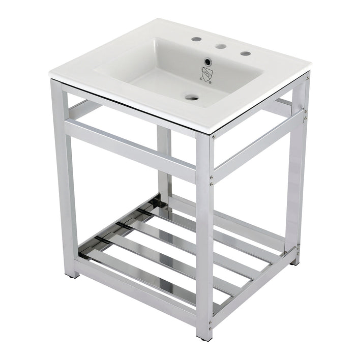 Kingston Sona VWP2522W8A1 - Quadras 25-Inch Ceramic Console Sink with Steel Base and Shelf (8-Inch, 3-Hole), White/Chrome