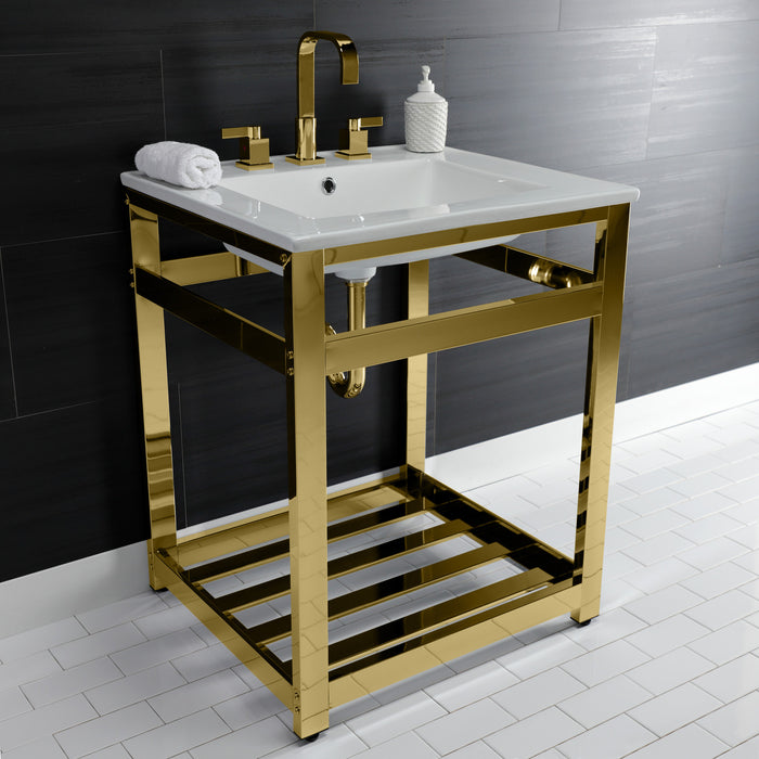 Kingston Sona VWP2522W8A2 - Quadras 25-Inch Ceramic Console Sink with Steel Base and Shelf (8-Inch, 3-Hole), White/Polished Brass