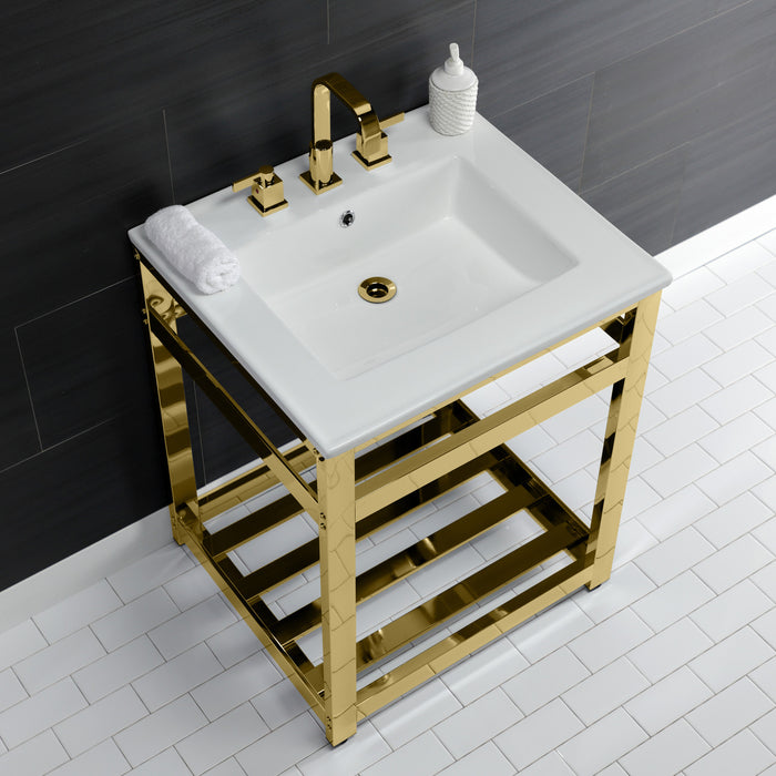Kingston Sona VWP2522W8A2 - Quadras 25-Inch Ceramic Console Sink with Steel Base and Shelf (8-Inch, 3-Hole), White/Polished Brass