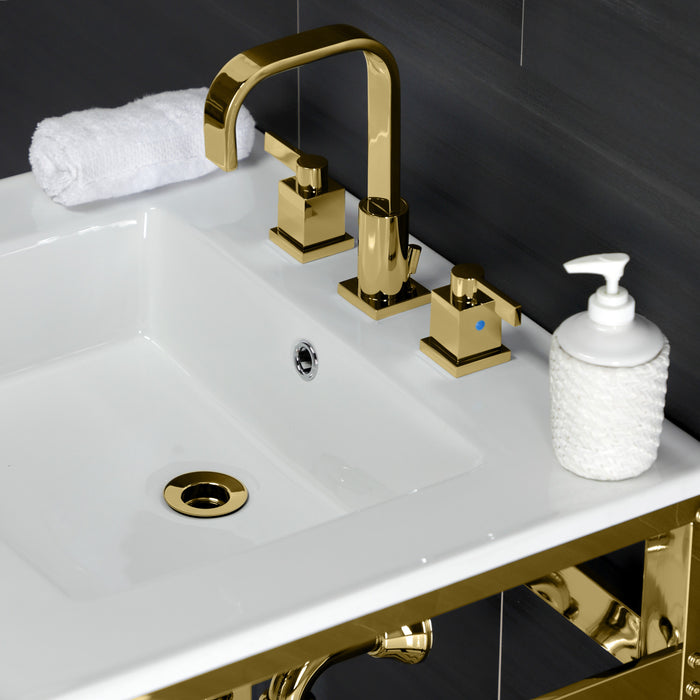 Kingston Sona VWP2522W8A2 - Quadras 25-Inch Ceramic Console Sink with Steel Base and Shelf (8-Inch, 3-Hole), White/Polished Brass