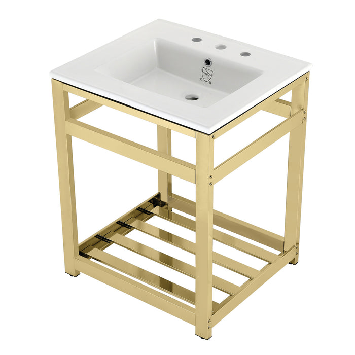 Kingston Sona VWP2522W8A2 - Quadras 25-Inch Ceramic Console Sink with Steel Base and Shelf (8-Inch, 3-Hole), White/Polished Brass