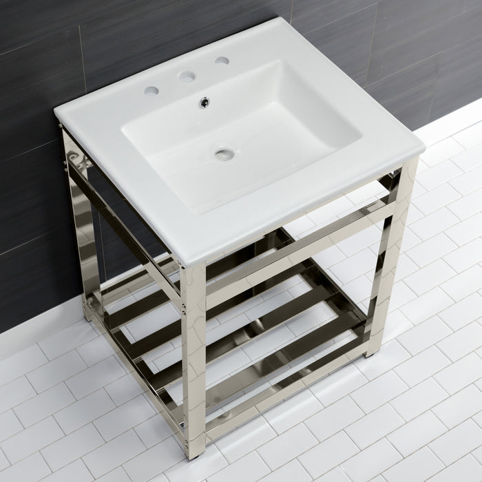 Kingston Sona VWP2522W8A6 - Quadras 25-Inch Ceramic Console Sink with Steel Base and Shelf (8-Inch, 3-Hole), White/Polished Nickel