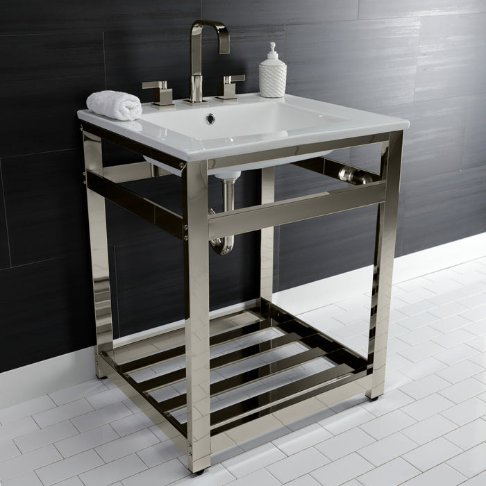 Kingston Sona VWP2522W8A6 - Quadras 25-Inch Ceramic Console Sink with Steel Base and Shelf (8-Inch, 3-Hole), White/Polished Nickel