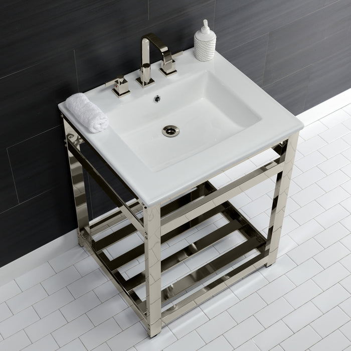 Kingston Sona VWP2522W8A6 - Quadras 25-Inch Ceramic Console Sink with Steel Base and Shelf (8-Inch, 3-Hole), White/Polished Nickel