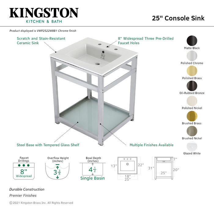 Kingston Quadras VWP2522W8B7 25-Inch Ceramic Console Sink with Steel Base and Glass Shelf (8-Inch, 3-Hole), White/Brushed Brass
