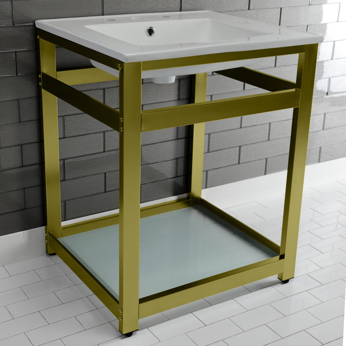 Kingston Quadras VWP2522W8B7 25-Inch Ceramic Console Sink with Steel Base and Glass Shelf (8-Inch, 3-Hole), White/Brushed Brass