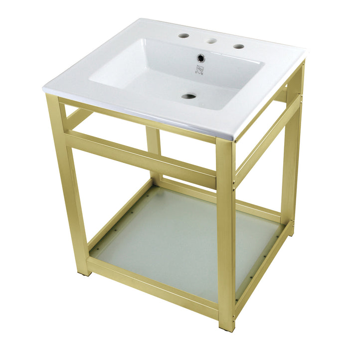 Kingston Quadras VWP2522W8B7 25-Inch Ceramic Console Sink with Steel Base and Glass Shelf (8-Inch, 3-Hole), White/Brushed Brass