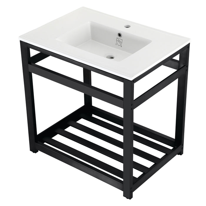 Kingston Sona VWP3122A0 - Quadras 31-Inch Ceramic Console Sink with Steel Base and Shelf (1-Hole), White/Matte Black