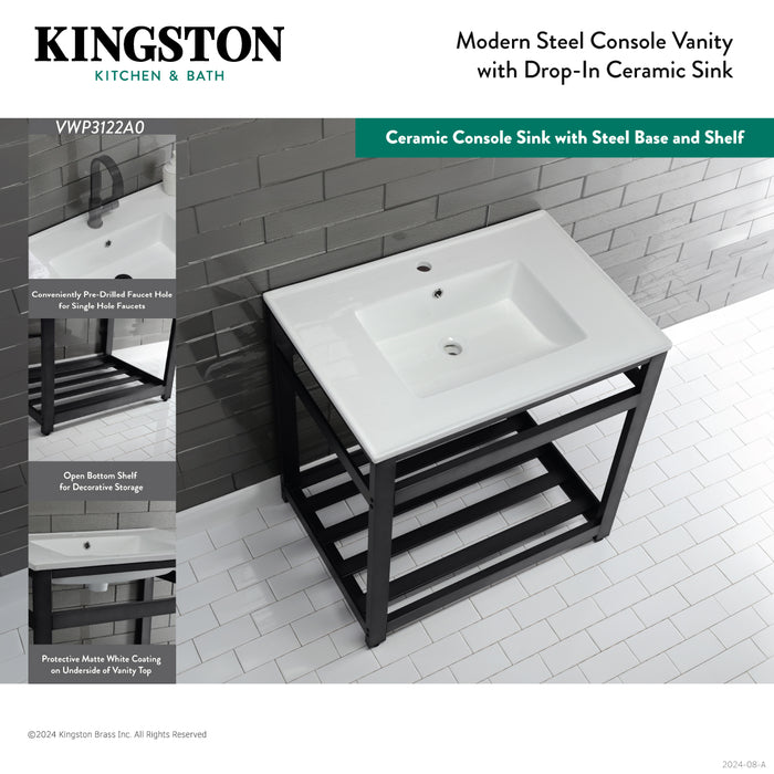 Kingston Sona VWP3122A1 - Quadras 31-Inch Ceramic Console Sink with Steel Base and Shelf (1-Hole), White/Chrome