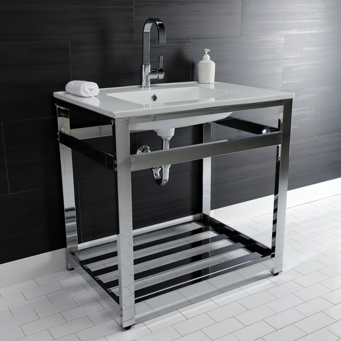 Kingston Sona VWP3122A1 - Quadras 31-Inch Ceramic Console Sink with Steel Base and Shelf (1-Hole), White/Chrome