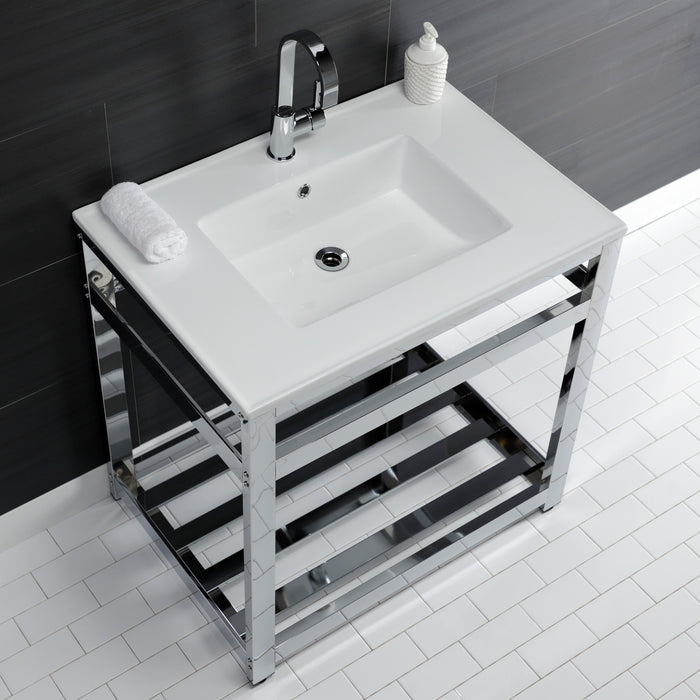Kingston Sona VWP3122A1 - Quadras 31-Inch Ceramic Console Sink with Steel Base and Shelf (1-Hole), White/Chrome