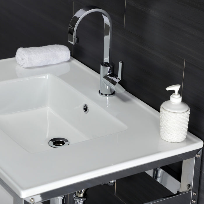 Kingston Sona VWP3122A1 - Quadras 31-Inch Ceramic Console Sink with Steel Base and Shelf (1-Hole), White/Chrome