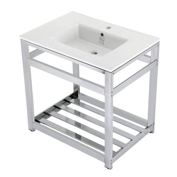 Kingston Sona VWP3122A1 - Quadras 31-Inch Ceramic Console Sink with Steel Base and Shelf (1-Hole), White/Chrome