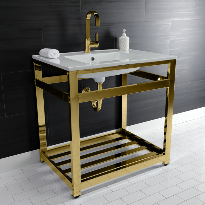 Kingston Sona VWP3122A2 - Quadras 31-Inch Ceramic Console Sink with Steel Base and Shelf (1-Hole), White/Polished Brass