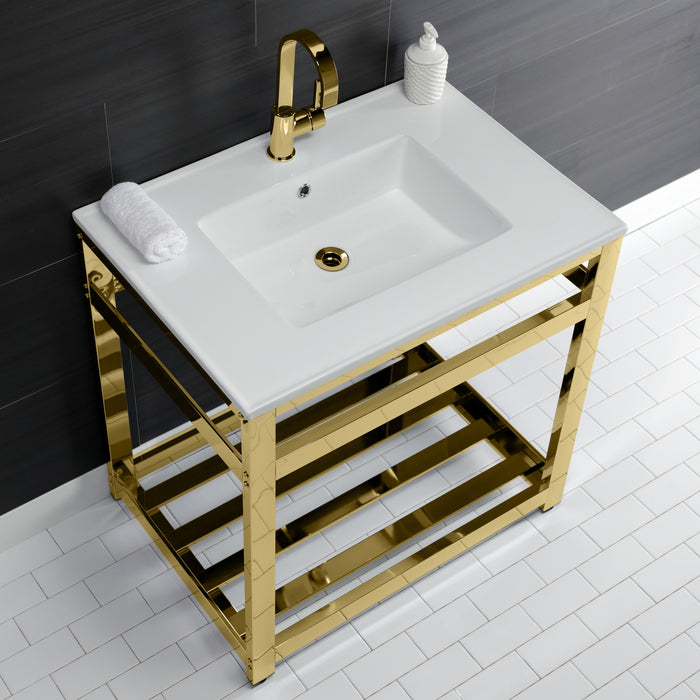 Kingston Sona VWP3122A2 - Quadras 31-Inch Ceramic Console Sink with Steel Base and Shelf (1-Hole), White/Polished Brass