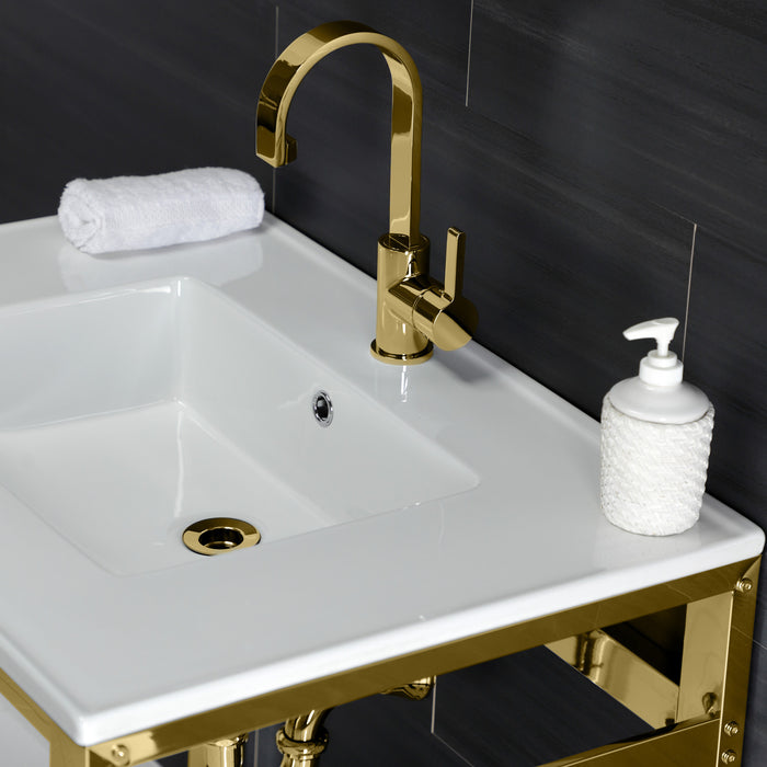 Kingston Sona VWP3122A2 - Quadras 31-Inch Ceramic Console Sink with Steel Base and Shelf (1-Hole), White/Polished Brass