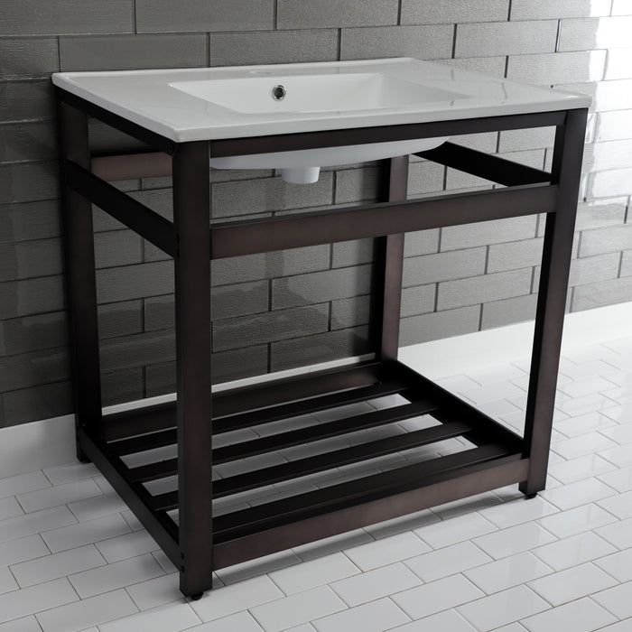 Kingston Sona VWP3122A5 - Quadras 31-Inch Ceramic Console Sink with Steel Base and Shelf (1-Hole), White/Oil Rubbed Bronze